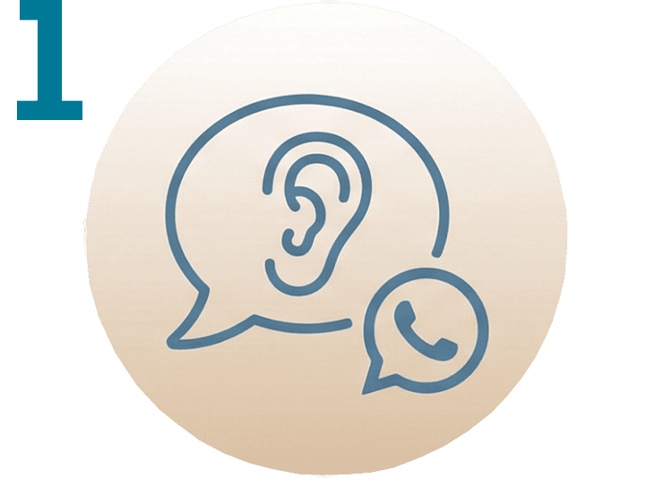 Aparece un gran número 1 junto a un icono de dos globos de diálogo, uno con una oreja dentro y el otro con el símbolo de un auricular de teléfono, que representa la comunicación en un centro de estética en Móstoles.