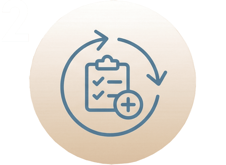 Icono de un portapapeles con marcas de verificación y un signo más, rodeado por una flecha circular, sobre un fondo redondo claro con el número 2 en la esquina, perfecto para ilustrar las tareas de un centro de estética en Móstoles.