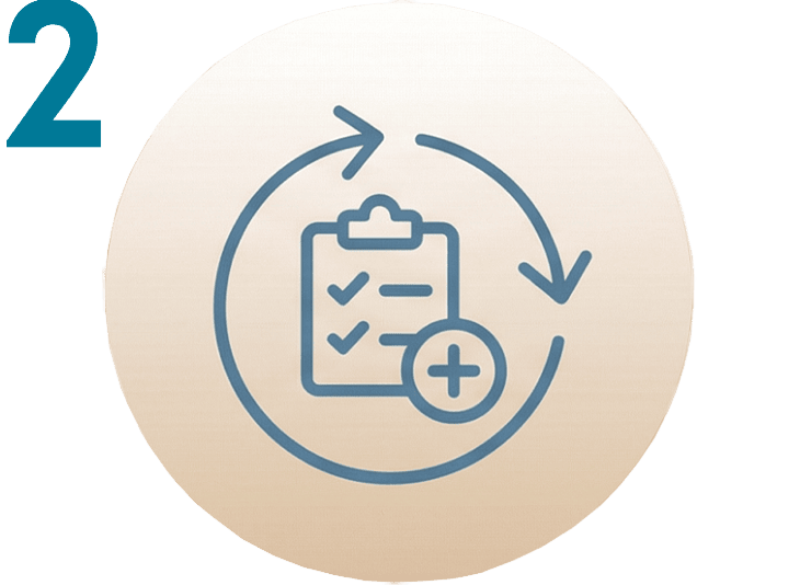 El número 2 azul y una flecha circular rodean un portapapeles con marcas de verificación y un signo más, representado sobre un fondo circular beige, perfecto para ilustrar pasos o servicios en un centro de estética en Móstoles.