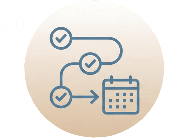 Un diagrama de flujo con tres marcas de verificación conduce a un icono de calendario, que ilustra una secuencia de tareas completadas que finaliza con una cita programada en un centro de estética en Móstoles.