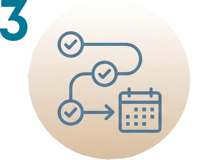 Un diagrama de flujo con tres marcas de verificación conduce a un icono de calendario, que ilustra el proceso paso a paso o el calendario para reservar en un centro de estética en Móstoles. El número 3 aparece en la esquina superior izquierda.